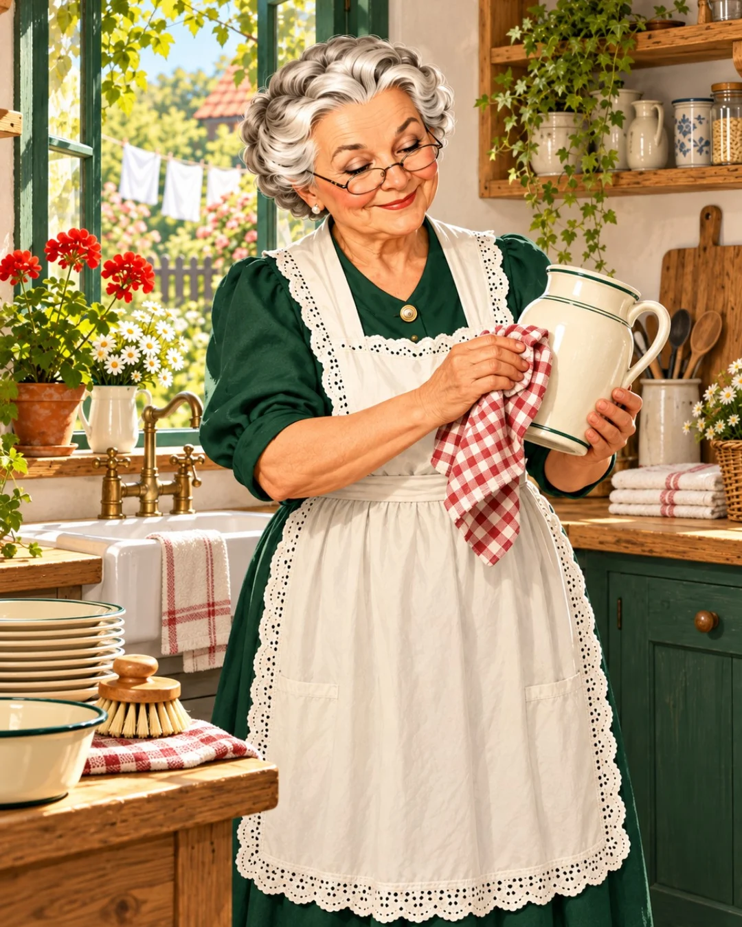 Oma faltet Wäsche in einer hellen Waschküche