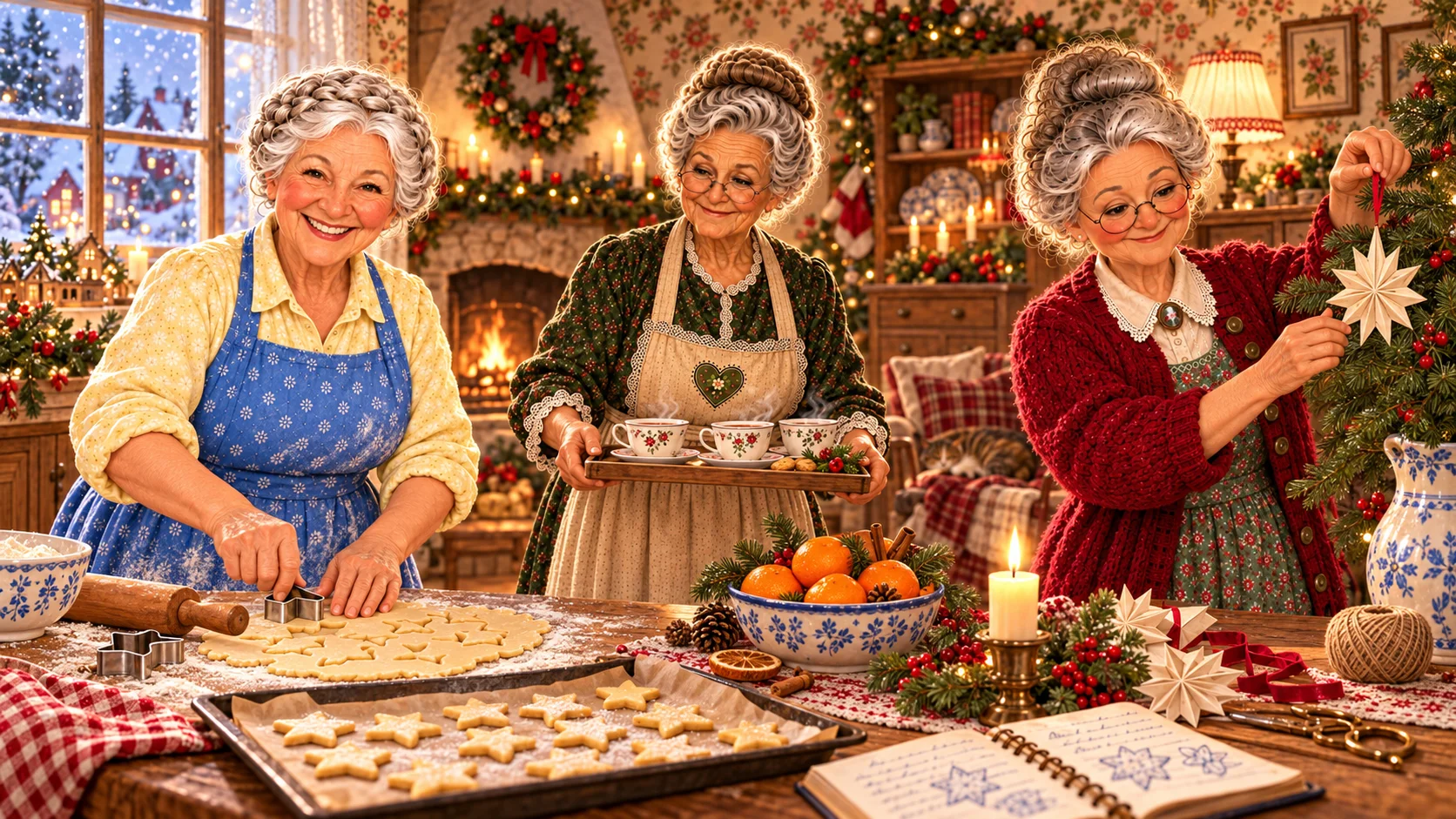 Weihnachtsvorbereitungen in Omas Weihnachtsstube: Plätzchen ausstechen, Getränke bringen und einen Papierstern aufhängen